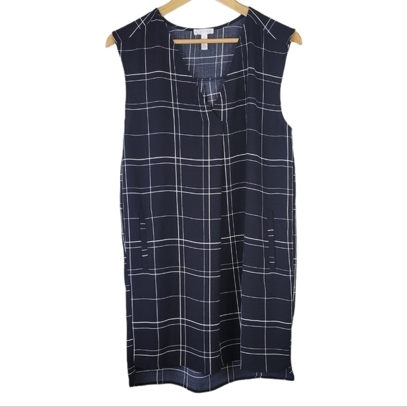 Leith Everyday Shift Dress Window Pane Plaid Pockets Sleeveless Black White S - Picture 2 of 10
